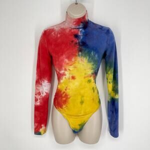 Cotton Citizen NEW Brisbane Tie Dye Thong Bodysuit XS Red Blue Yellow Turtleneck